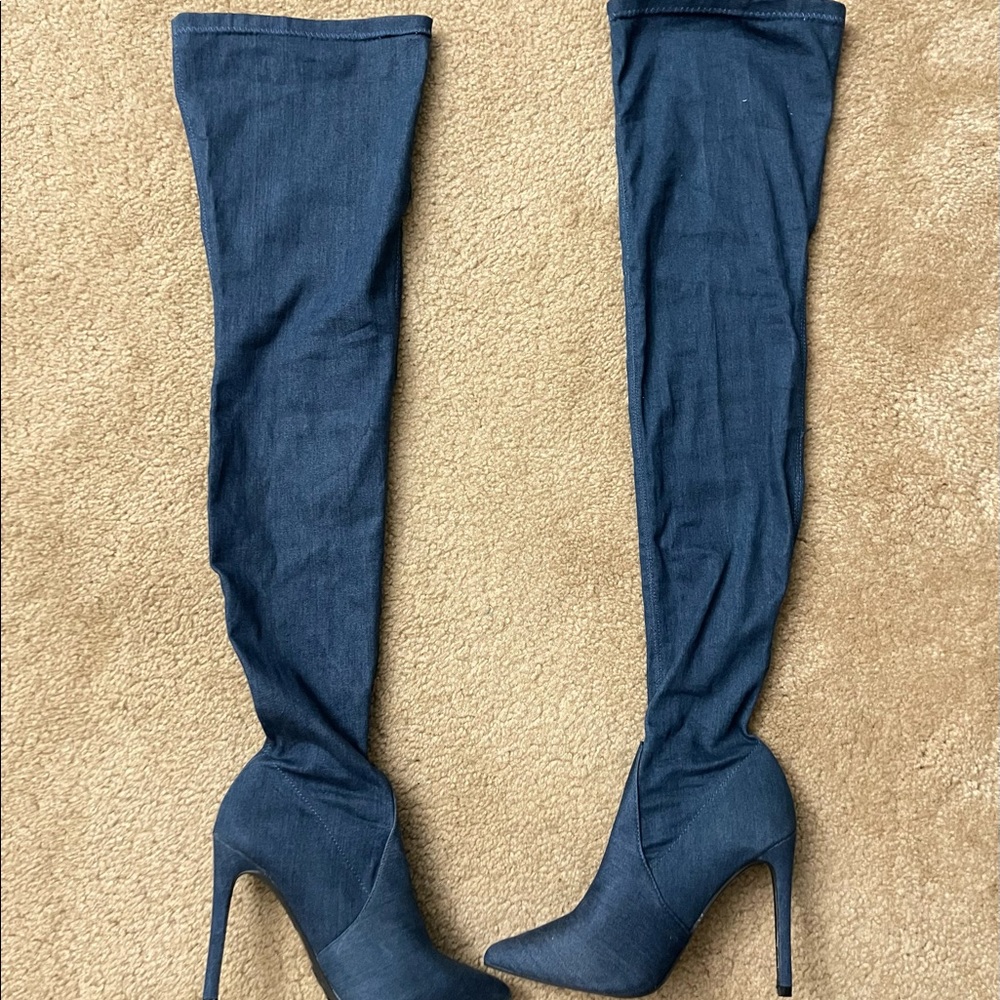 denim knee high boots | size 9 women's